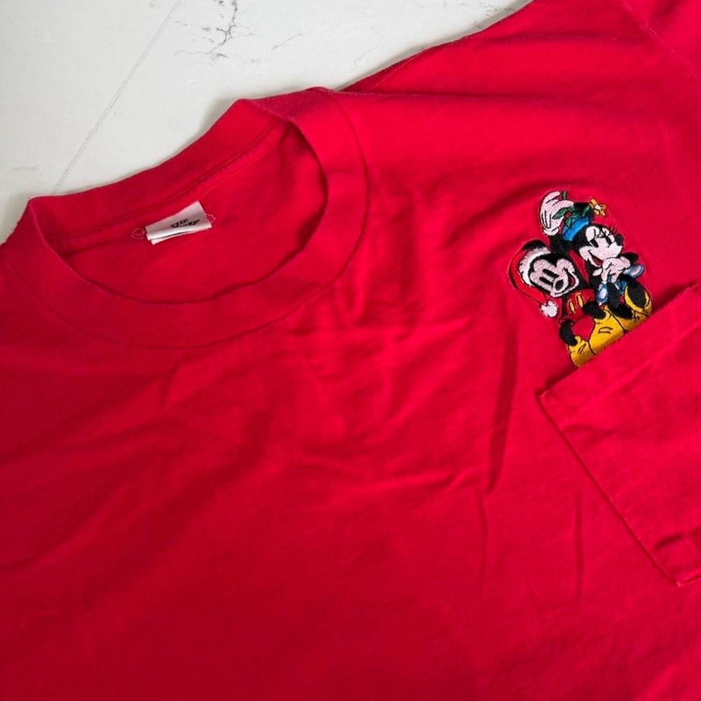 Vintage 90s Disney Santa Mickey Minnie Pocket T Shirt XXL Red USA Embroidered